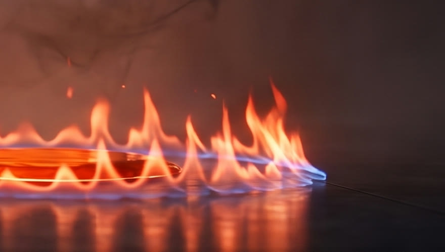 Orange flames with a blue base, seen up close on a dark polished floor