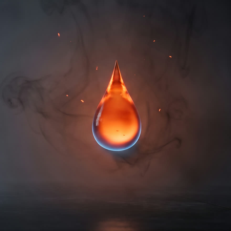A glowing drop of fuel hanging in dark smoke